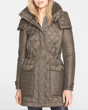 Burberry Brit Bosworth Diamond Quilted Coat XS Green Hooded Nova Check Jacket